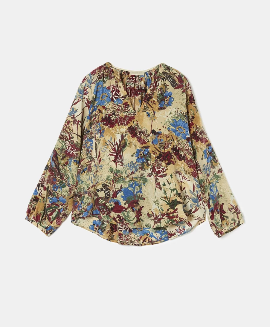 Momoni Women's Light Blue Multicolour Printed Silk Crepe De Chine Larice Blouse