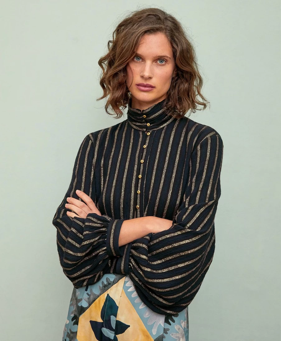 Momoni Women's Thierry Blouse - Blue Lurex Stripe Gauze Top for Women