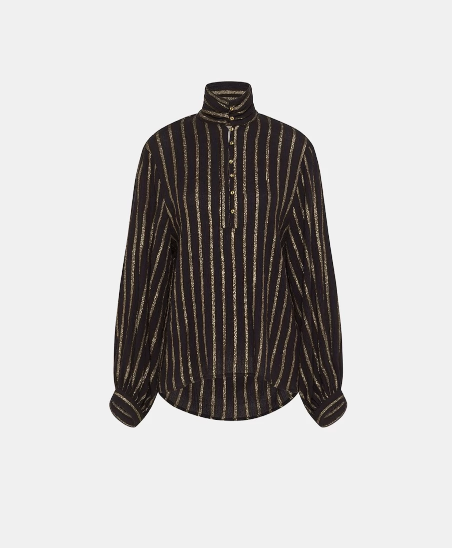 Momoni Women's Thierry Blouse - Blue Lurex Stripe Gauze Top for Women