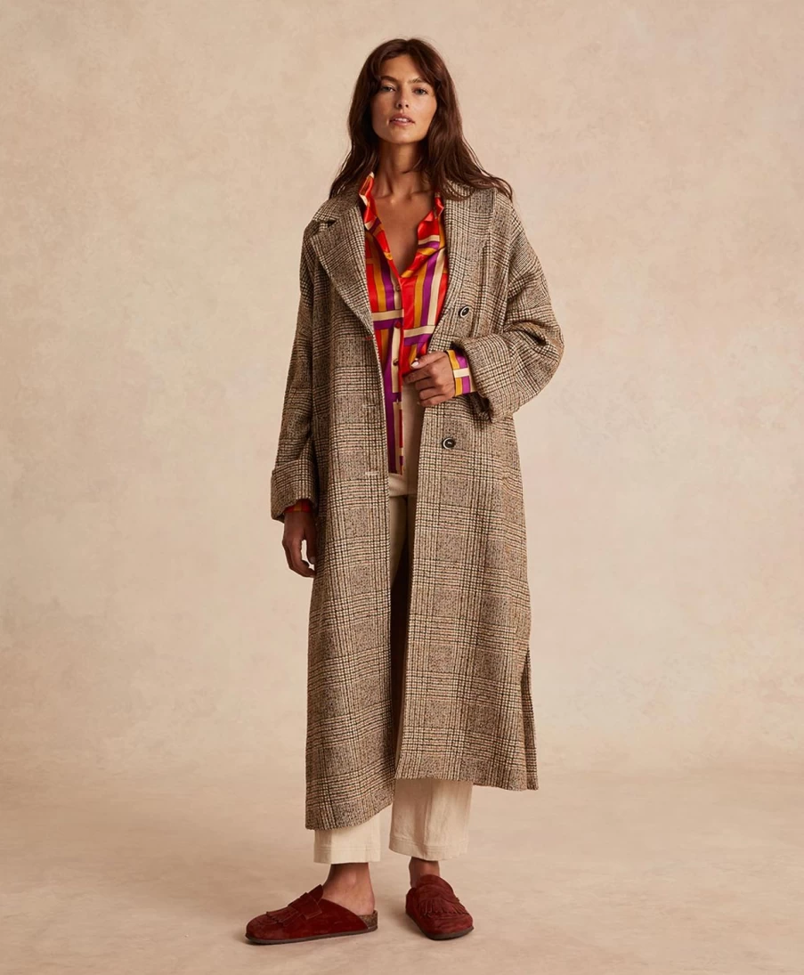 Momoni Women's Light Blue Green Checked Chenille Coat - Danimarca Style Winter Overcoat