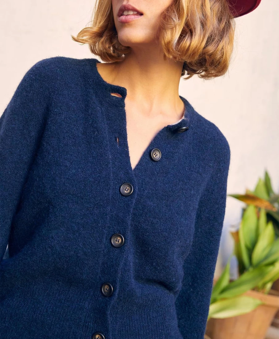 Momoni Women's Blue Colour Block Cardigan - Soft Baby Alpaca Wool Sweater
