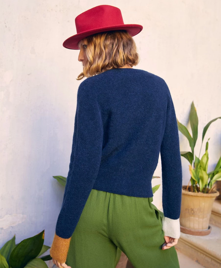 Momoni Women's Blue Colour Block Cardigan - Soft Baby Alpaca Wool Sweater