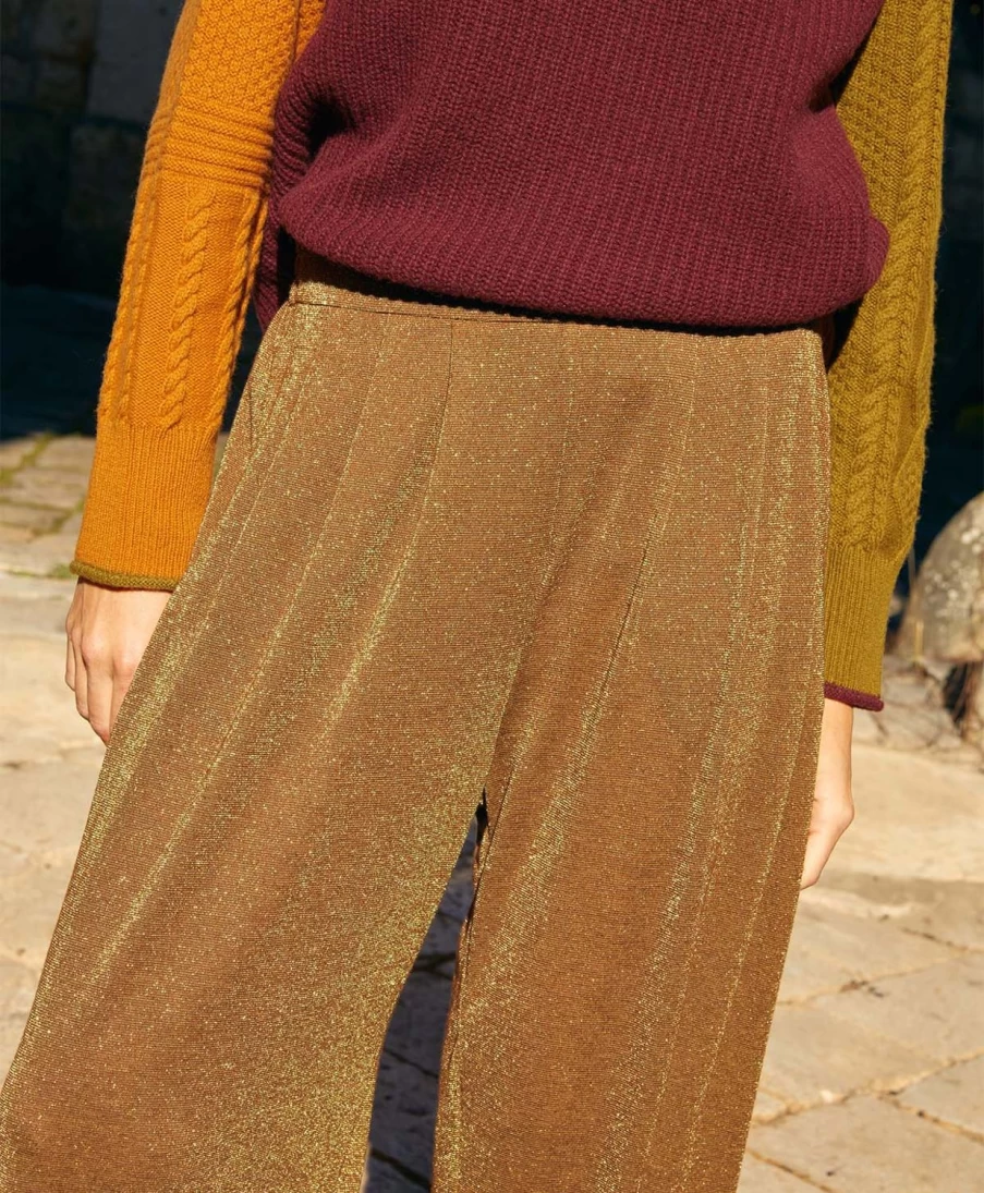 Momoni Women's Lanzarote Lurex Jersey Pant in Cigar Brown - Elegant High-Waisted Trousers