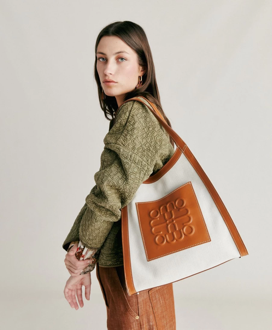 Momoni Women's Geraldine Beige Leather and Canvas Handbag