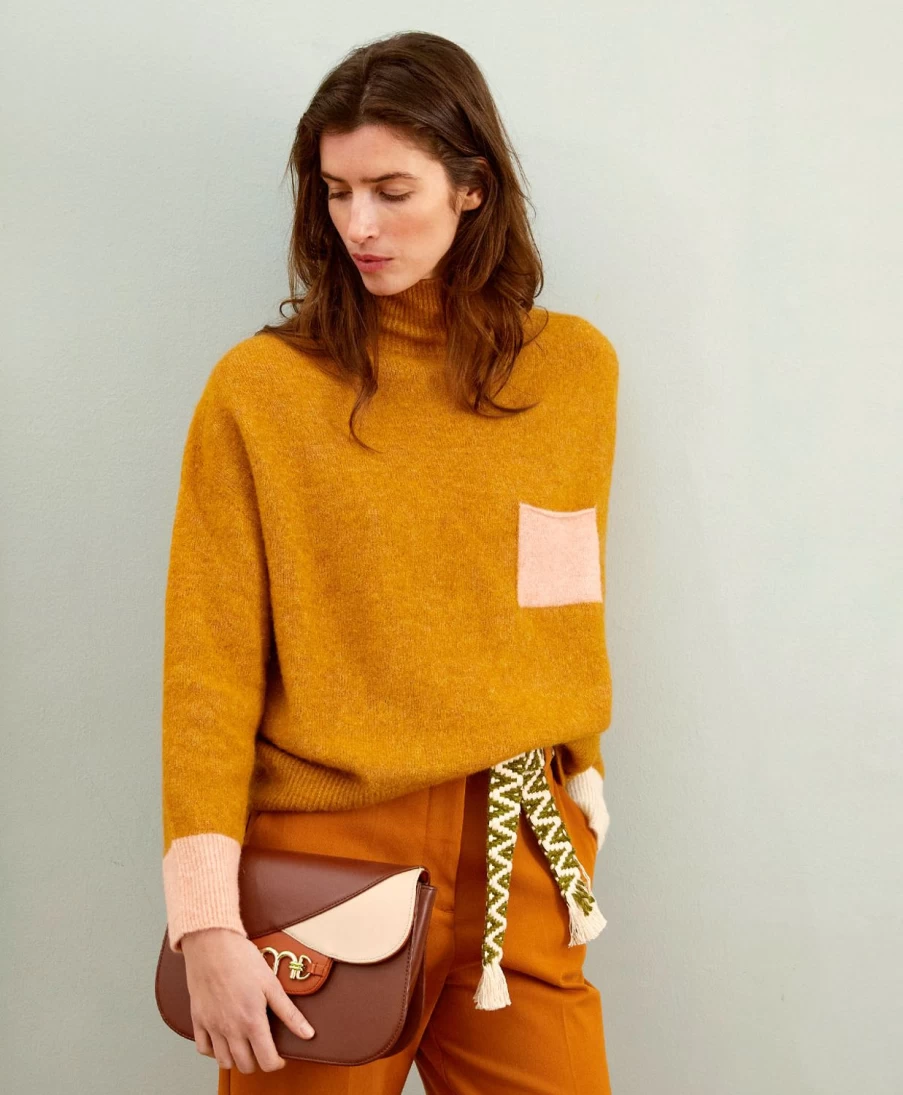 Momoni Women's Colour Block Knit Sweater in Baby Alpaca Wool - Camel