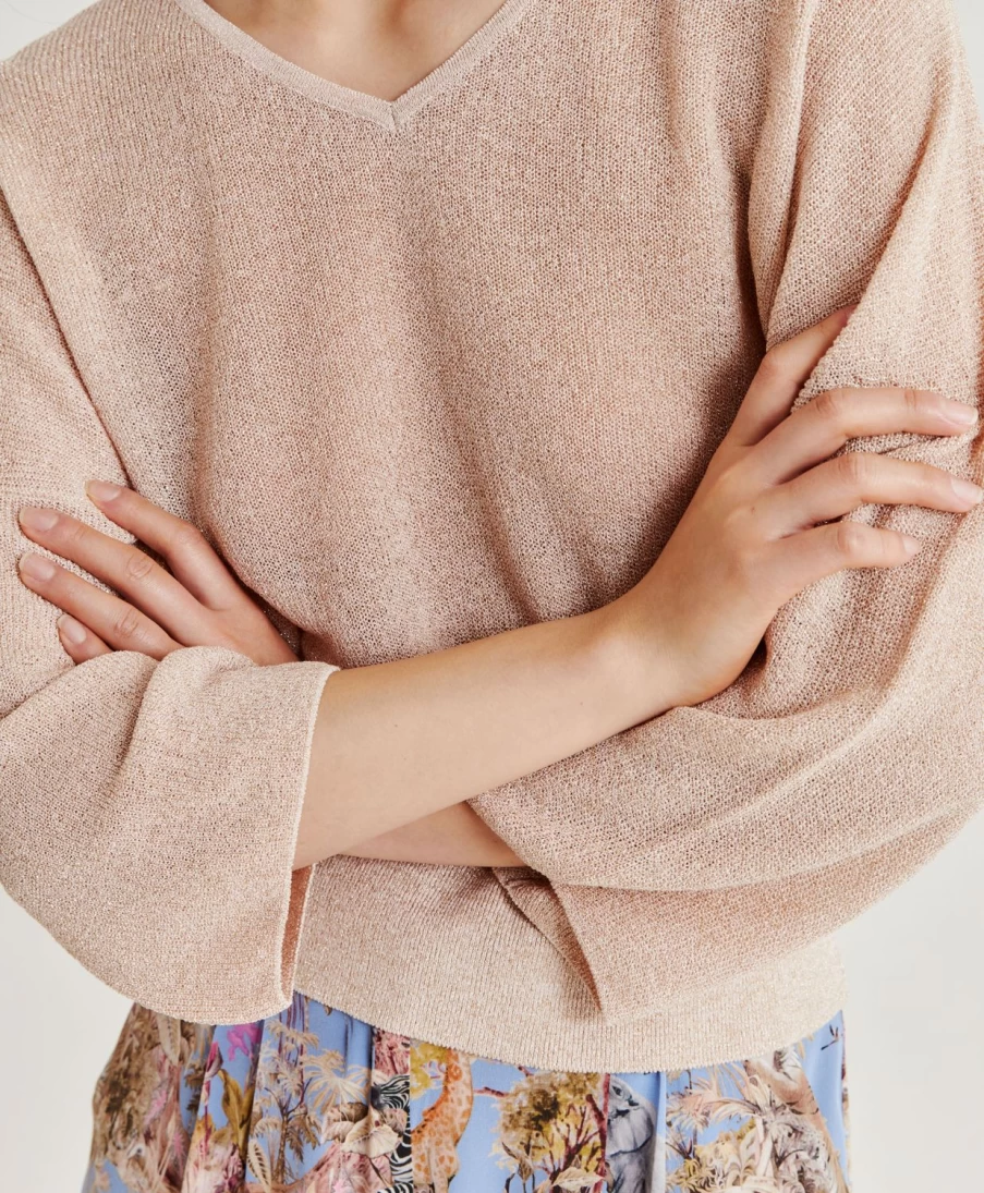 Momoni Women's Fresno Cardigan - Lurex Ribbed Knit Sweater in Powder Pink
