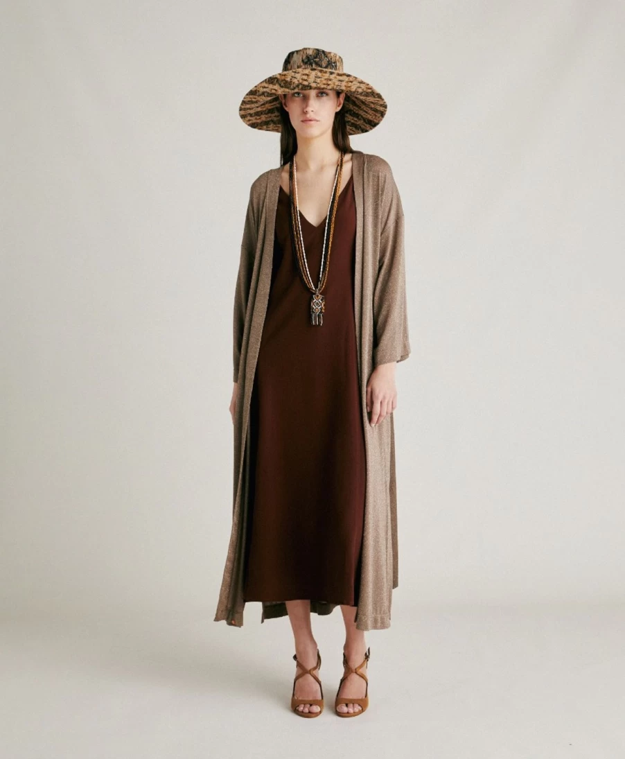 Momoni Women's Calla Coat - Lurex Jersey in Mud Color, Elegant Outerwear for Women