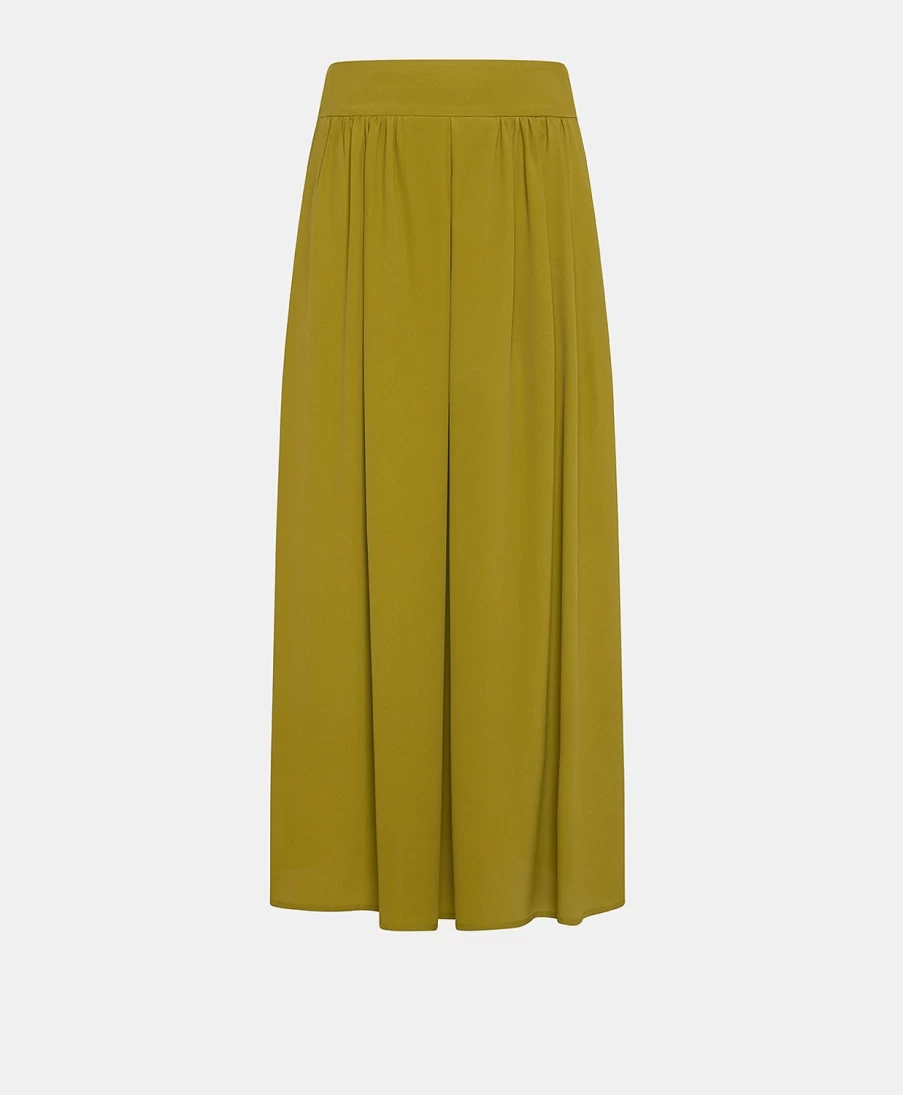 Momoni Women's Olive Green Nicolas Skirt - Plain Acetate Silk Midi Skirt