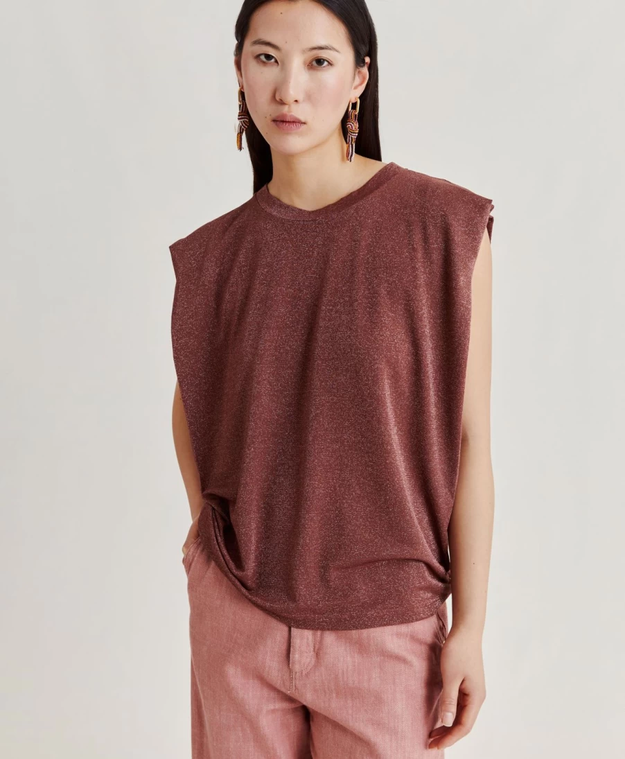 Momoni Women's Earth Brown Lurex Jersey Enna T-Shirt - Stylish & Comfortable Top