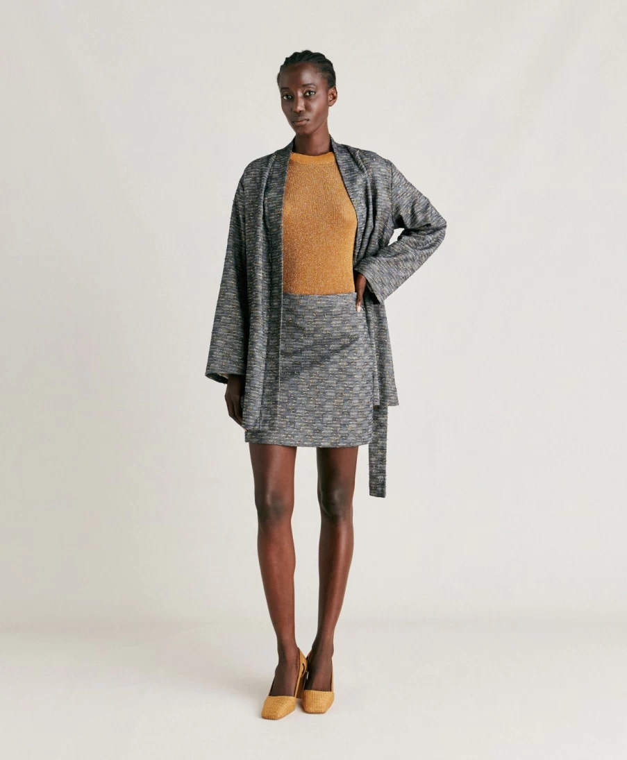 Momoni Women's Blue and Gold Basketweave Sirene Skirt with Coupe Detail