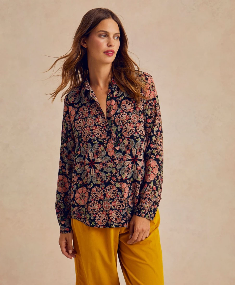 Momoni Women's Meudon Printed Crepe De Chine Shirt - Black and Red Floral Blouse