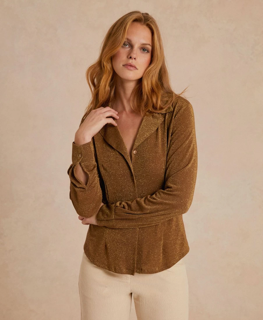 Momoni Women's Justin Shirt in Lurex Jersey - Cigar Brown Stylish Top