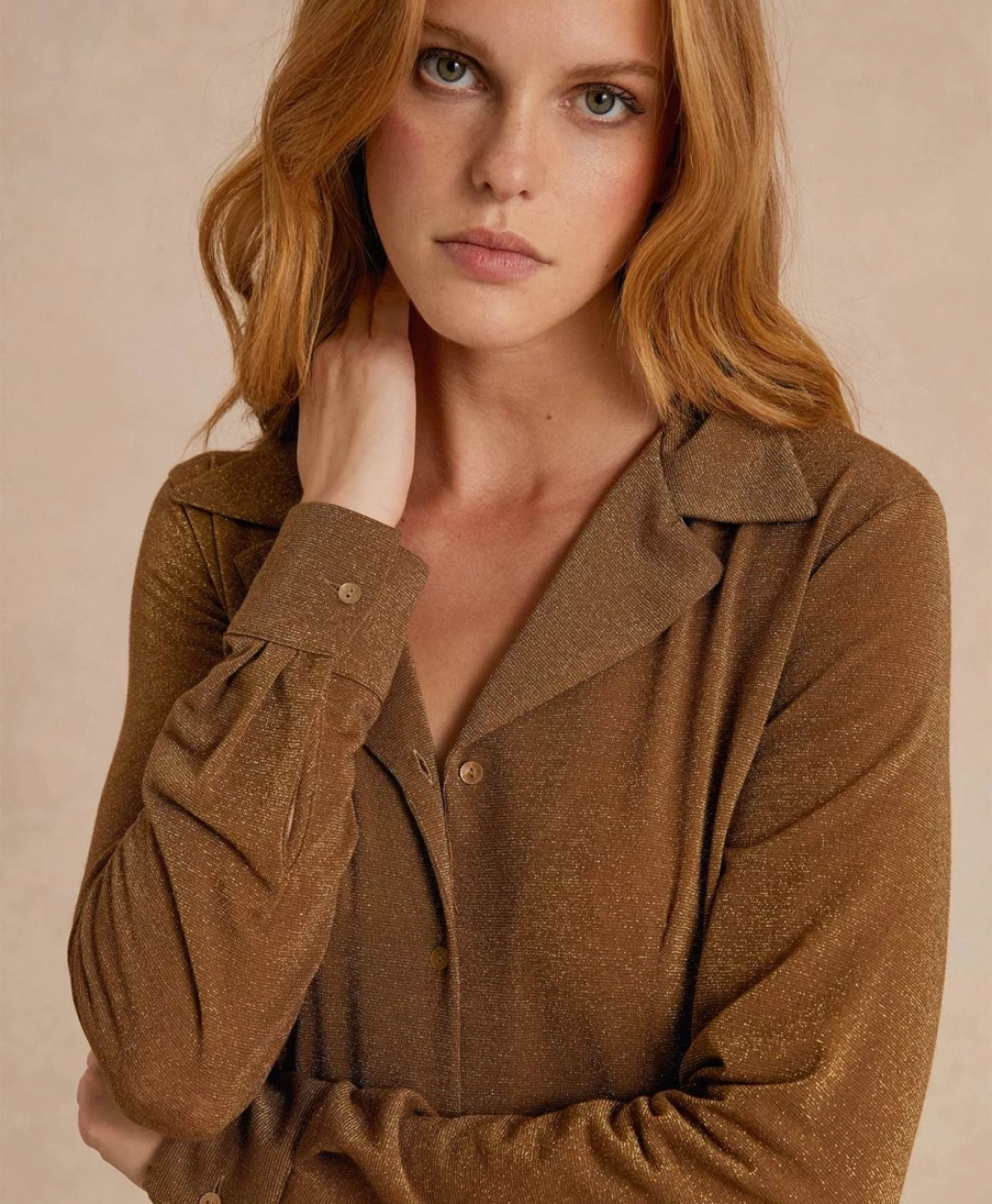 Momoni Women's Justin Shirt in Lurex Jersey - Cigar Brown Stylish Top