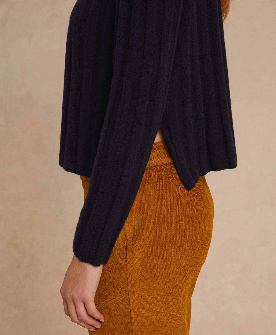 Momoni Women's Blue Cashmere Flat Rib Knitwear Sweater