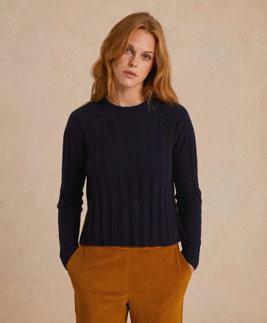Momoni Women's Blue Cashmere Flat Rib Knitwear Sweater