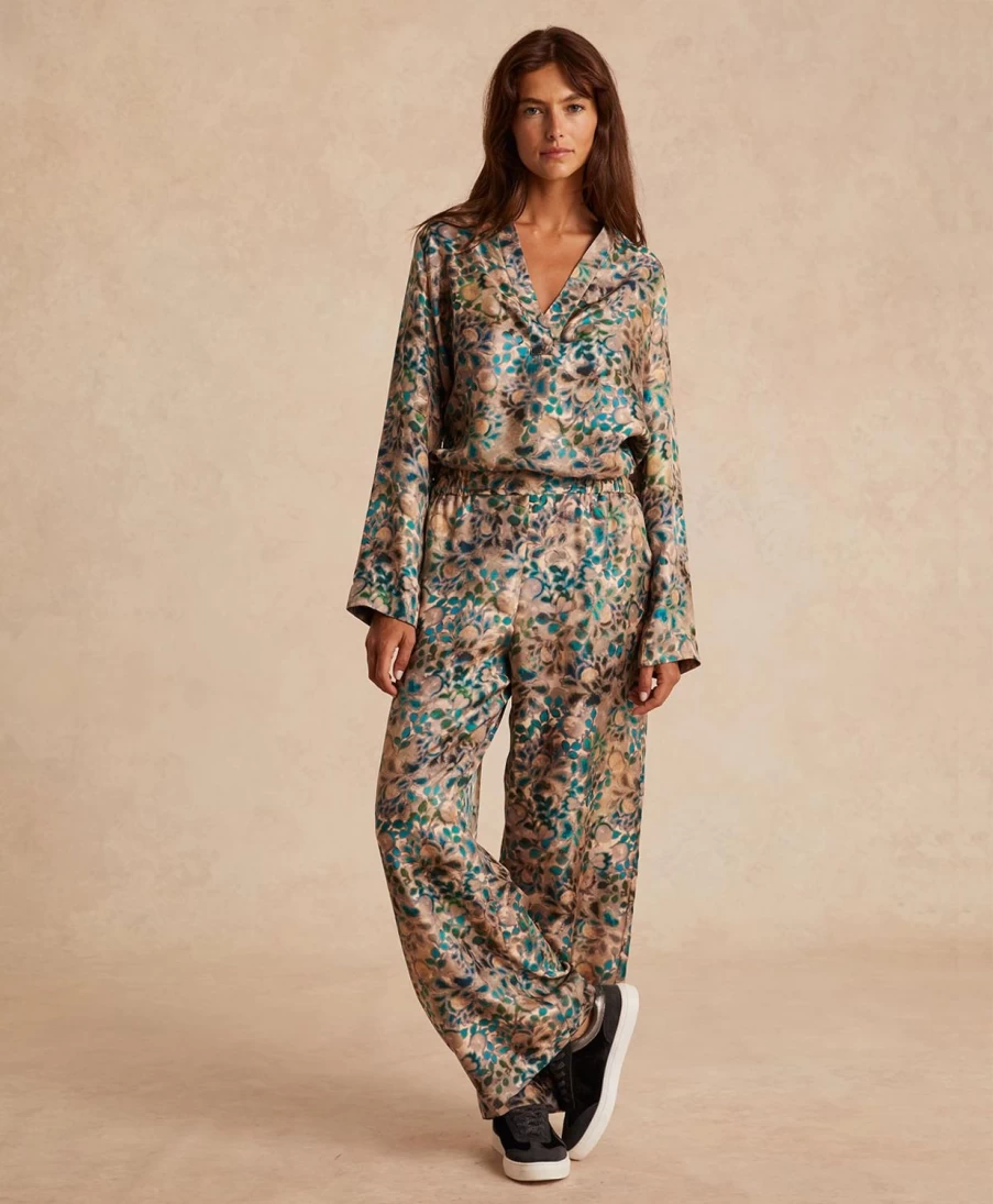 Momoni Women's Camille Bis Printed Silk Twill Pant in Multicolor Green