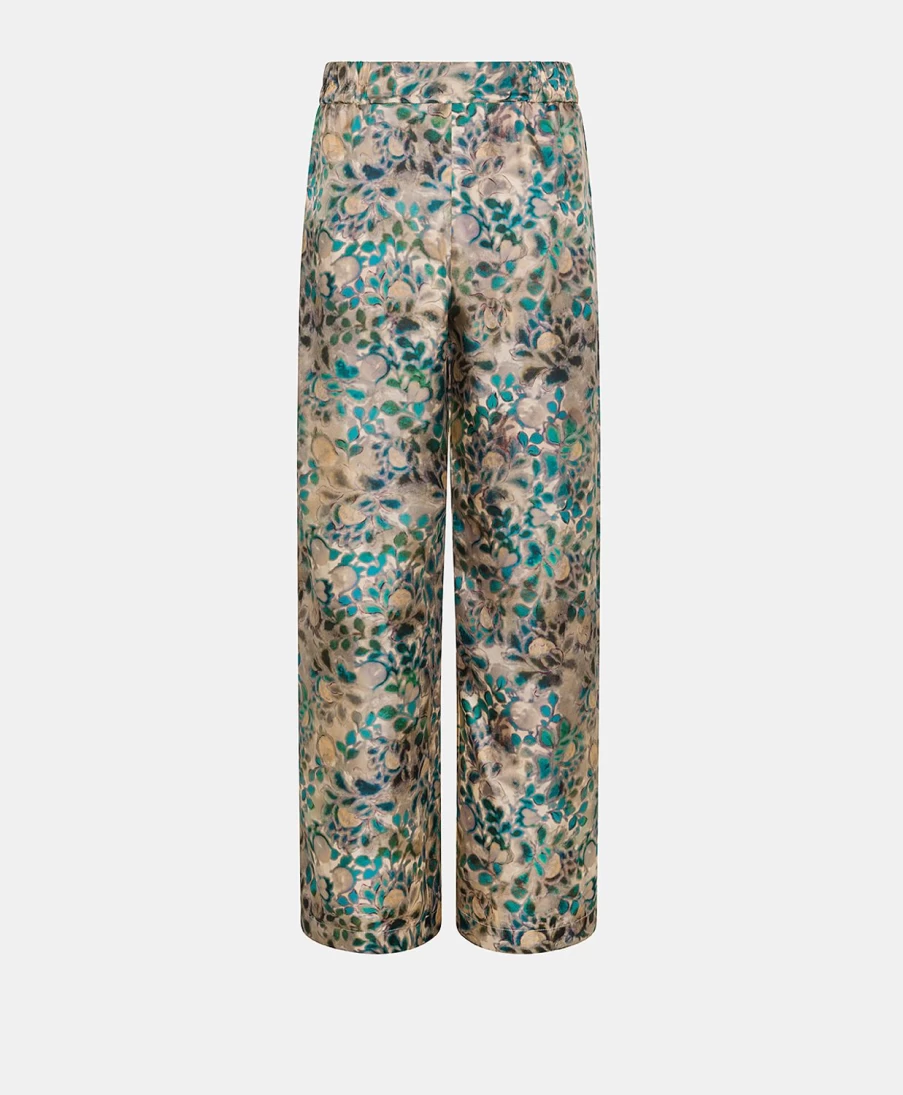 Momoni Women's Camille Bis Printed Silk Twill Pant in Multicolor Green