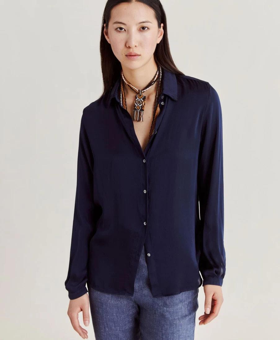Momoni Women's Dark Blue Plain Silk Meudon Shirt