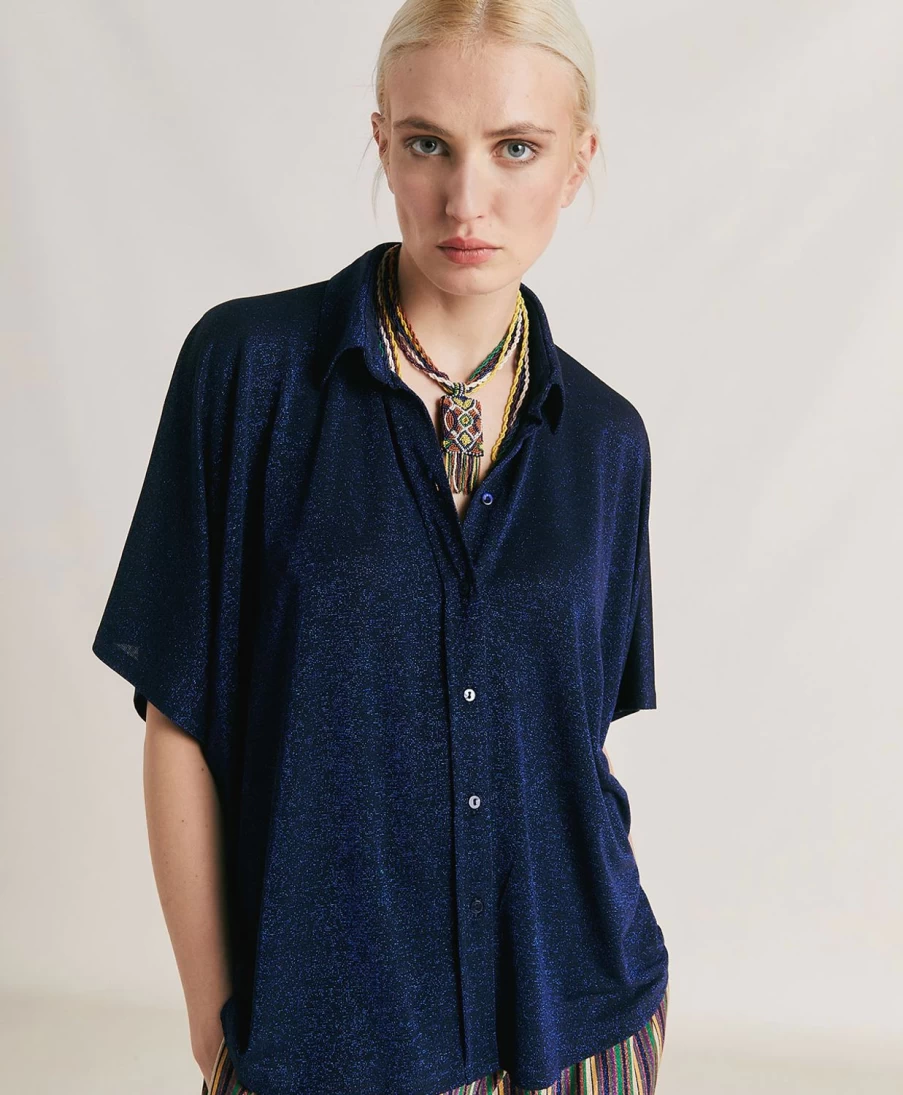 Momoni Women's Brooklyn Blue Lurex Jersey Shirt - Elegant & Comfortable Top