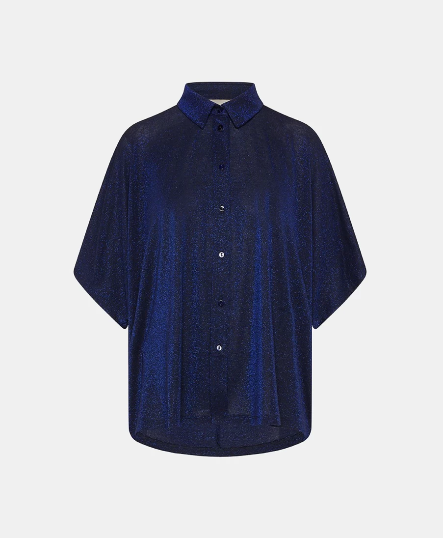 Momoni Women's Brooklyn Blue Lurex Jersey Shirt - Elegant & Comfortable Top