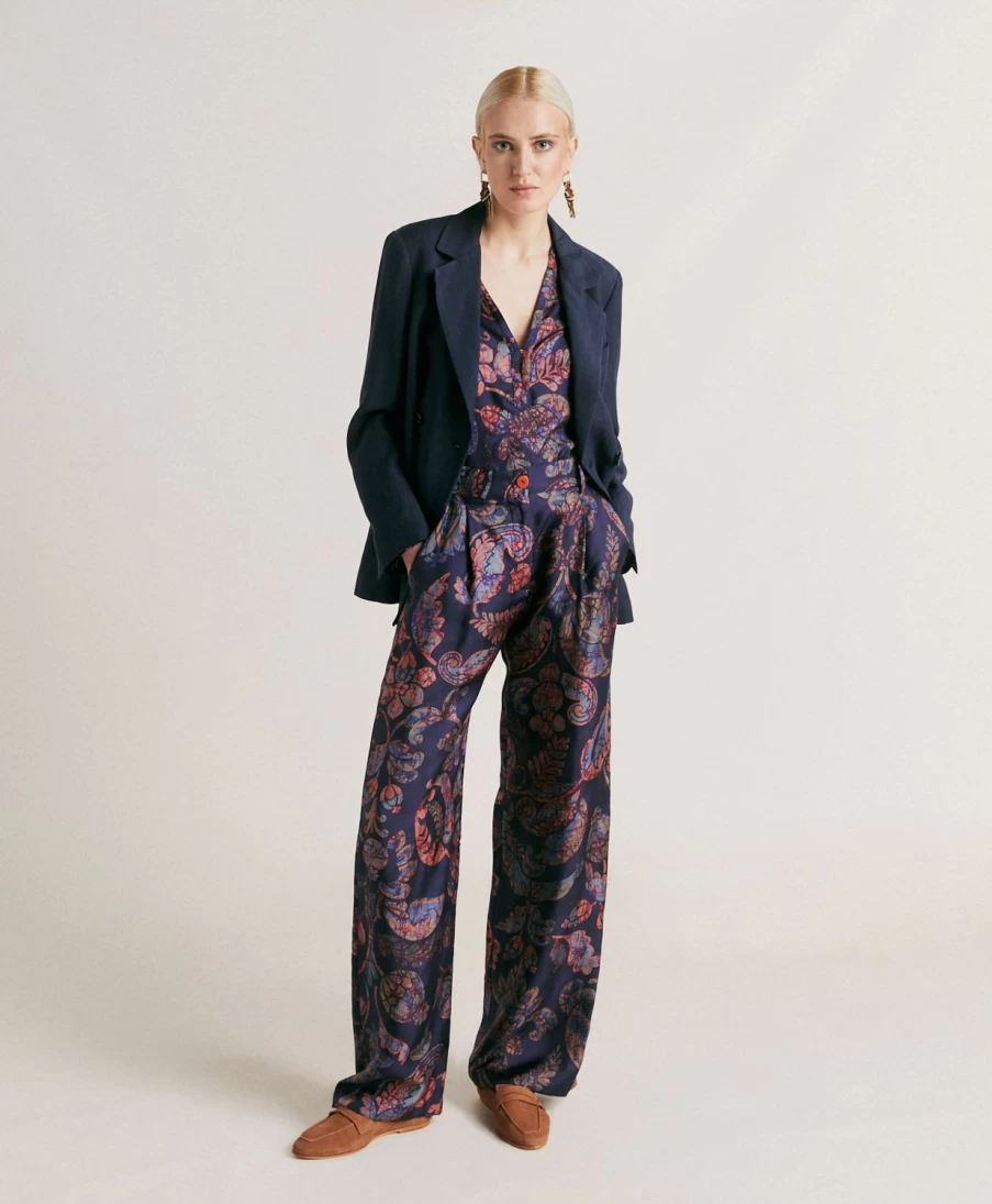 Momoni Women's Austin Silk Twill Pant in Midnight Blue Multicolour - Elegant High-Waisted Trousers