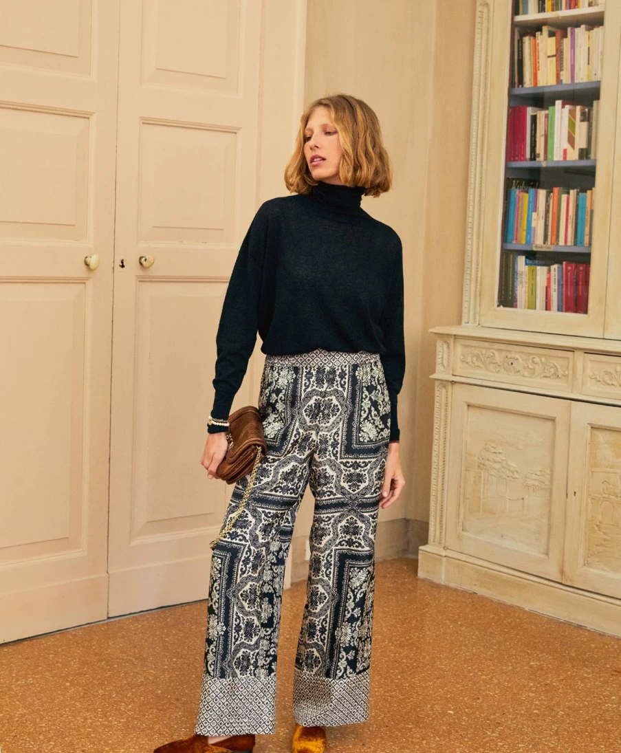 Momoni Women's Camille Pant - Black & Optical White Bi-Printed Silk Twill Trousers